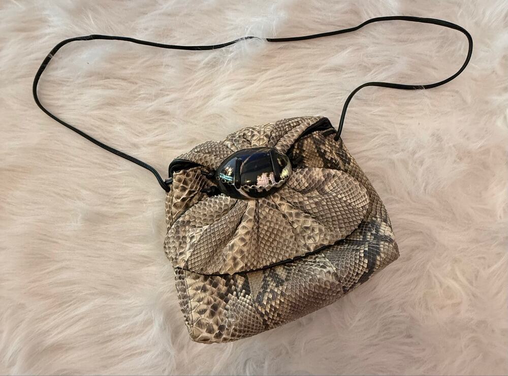1980s Meyers USA Exotic Python Snakeskin Pouch Bag w/ Abalone Shell Statement
